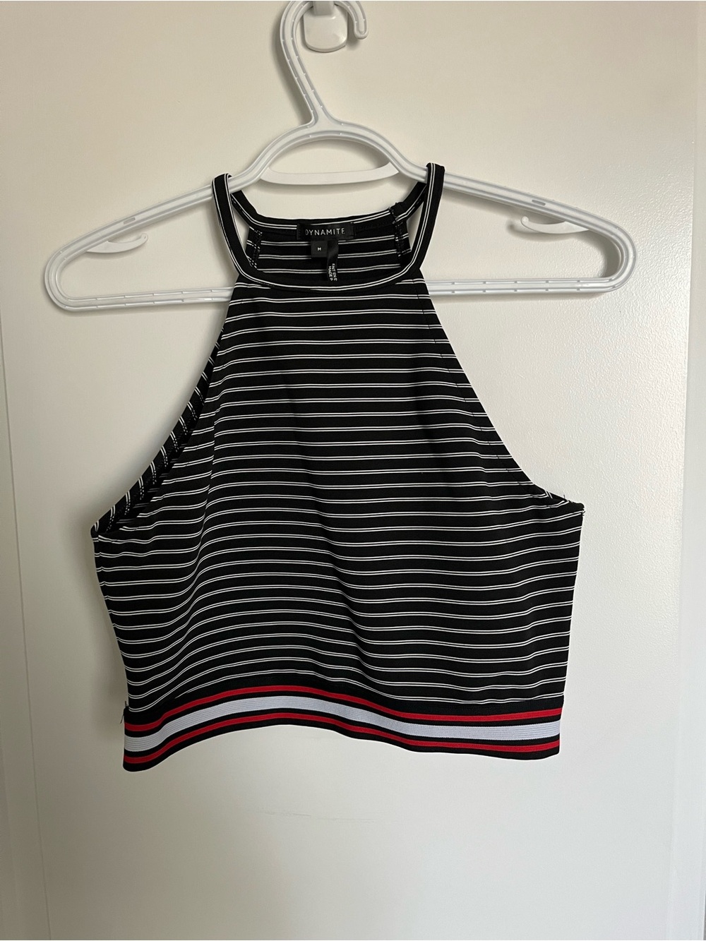 Dynamite Black & White Striped Halter Crop Top with Red Band